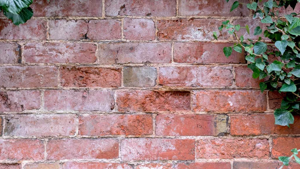 An older brick wall with weathered faces, worn mortar joints and a few blown bricks