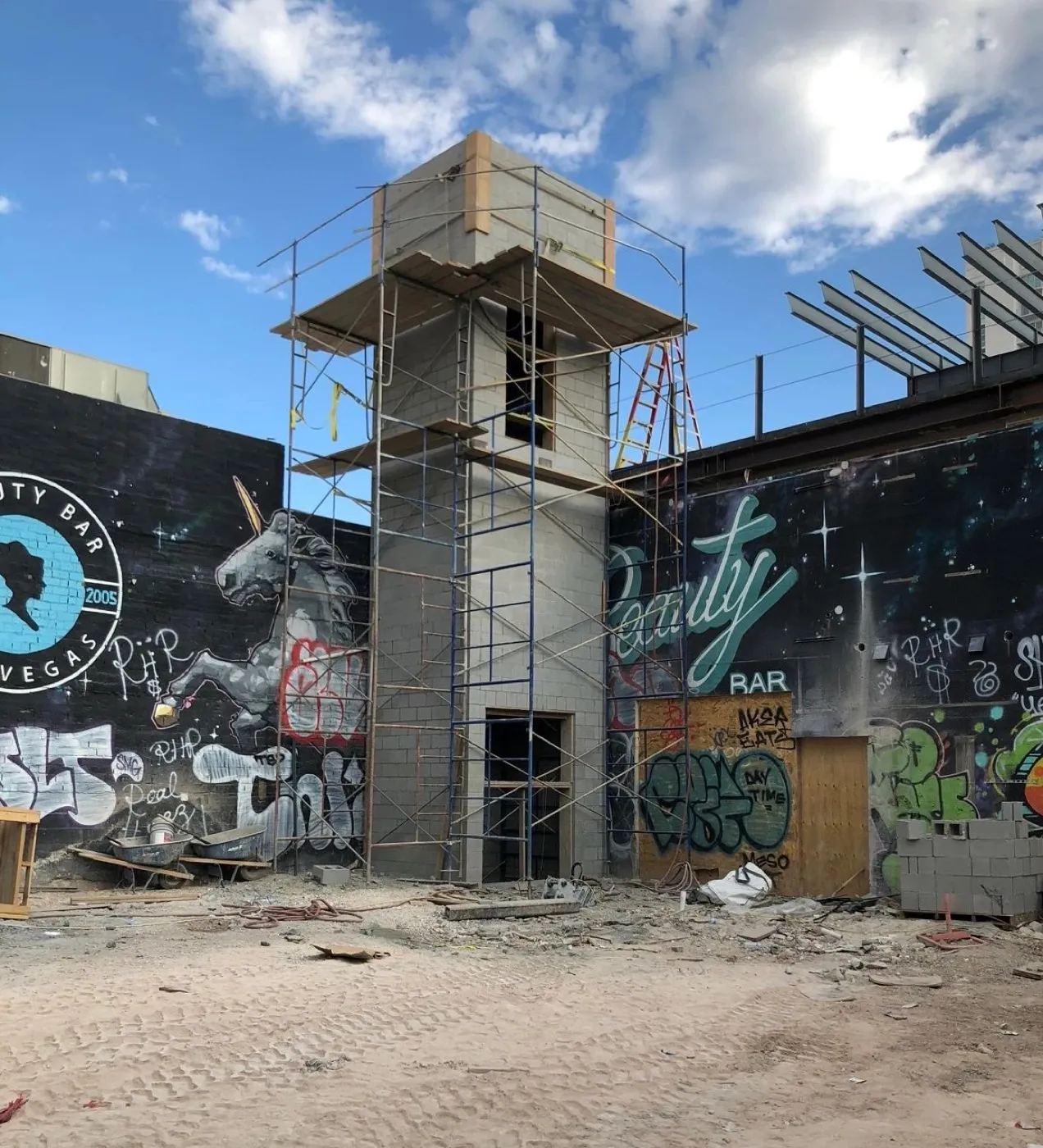 Ram Masonry crew on scaffolding building a commercial masonry tower in Las Vegas